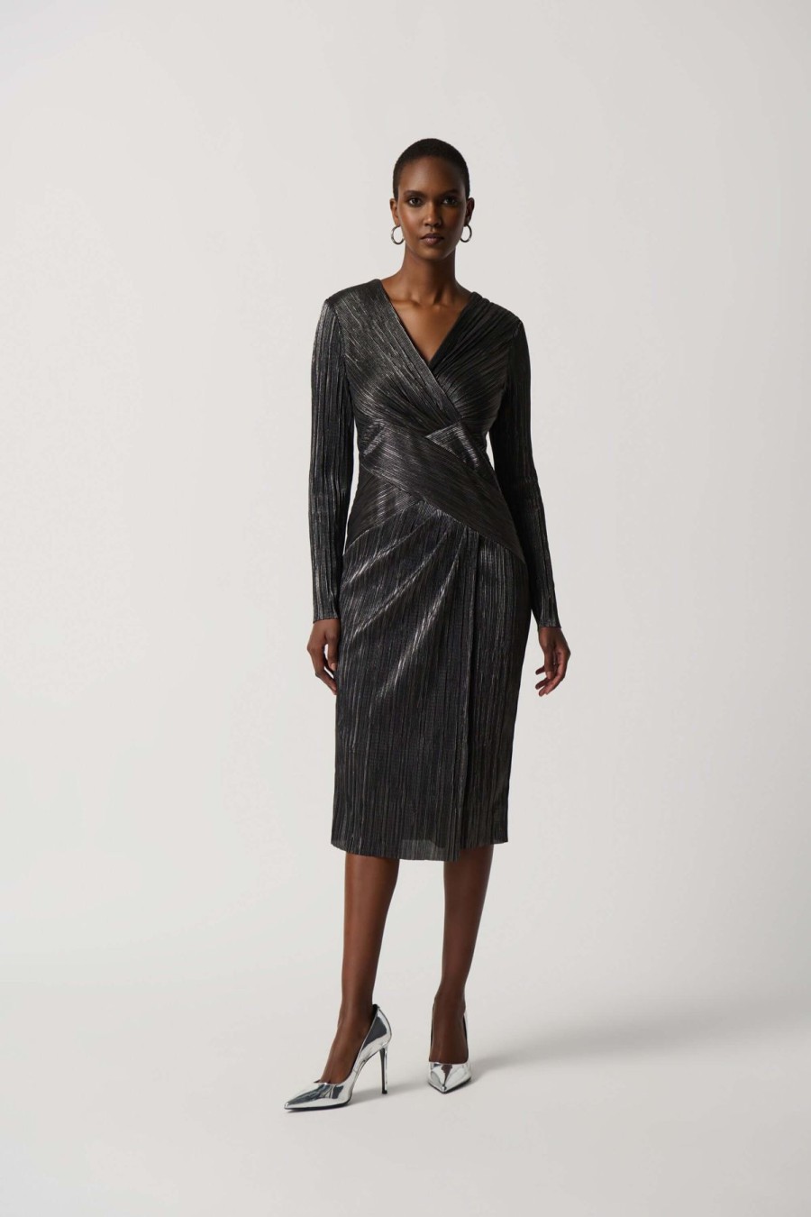 Women Joseph Ribkoff | Joseph Ribkoff Metallic Crinkle Dress In Dark Grey 234110