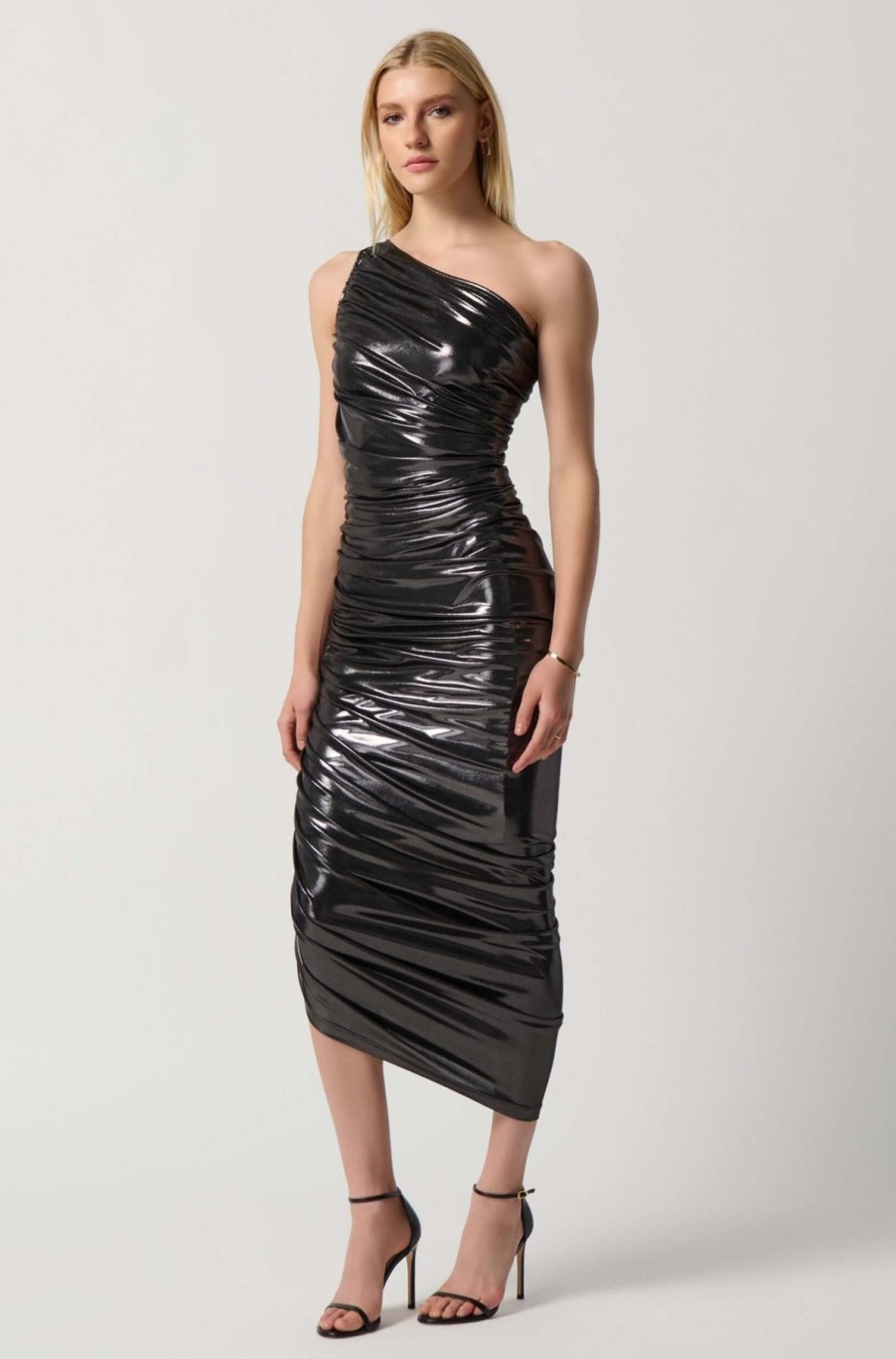 Women Joseph Ribkoff | Joseph Ribkoff Shirred Metallic Dress In Gunmetal 234158