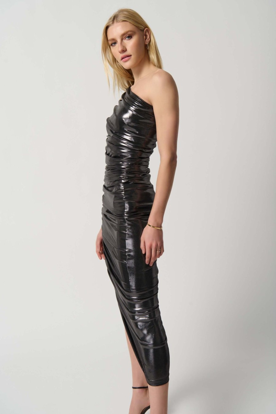 Women Joseph Ribkoff | Joseph Ribkoff Shirred Metallic Dress In Gunmetal 234158