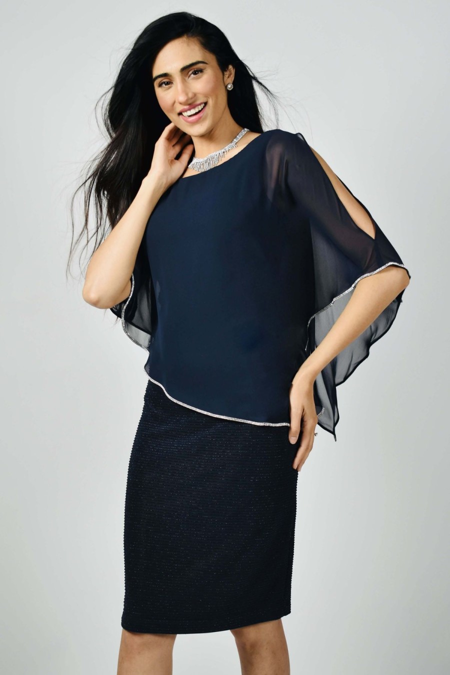 Women Frank Lyman | Frank Lyman Lurex Cape Dress In Midnight 219203