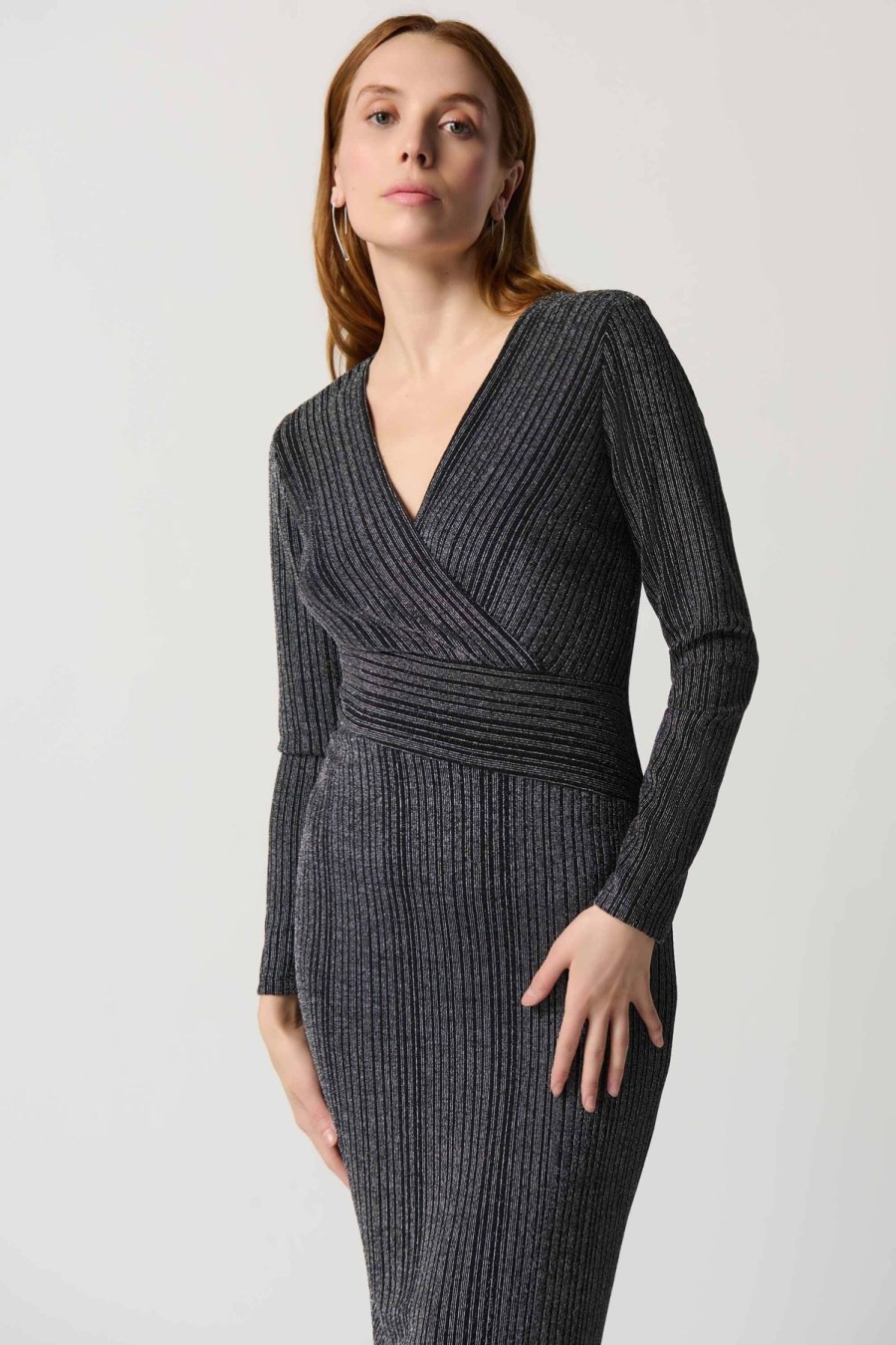 Women Joseph Ribkoff | Joseph Ribkoff Lurex Striped Dress In Silver Black 234080