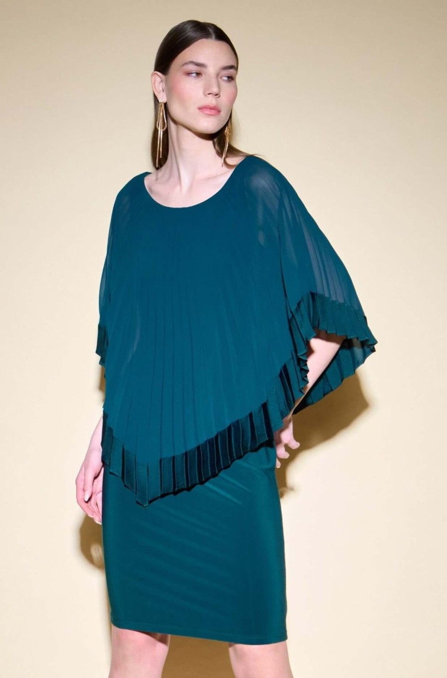 Women Joseph Ribkoff | Signature By Joseph Ribkoff Pleated Cape Dress In Alpine Green 234705